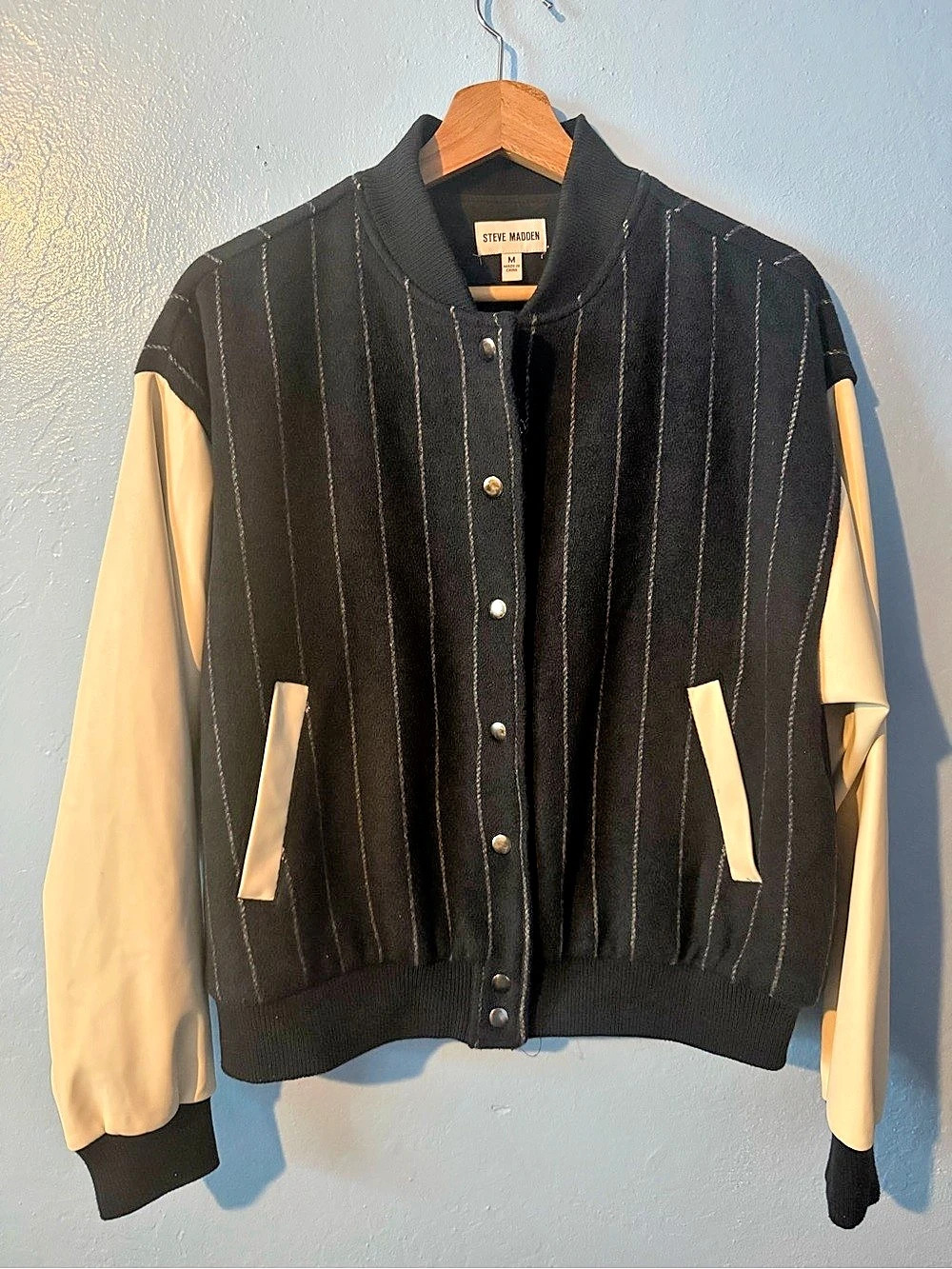 Steve Madden Striped Varsity Jacket Navy & Cream Medium